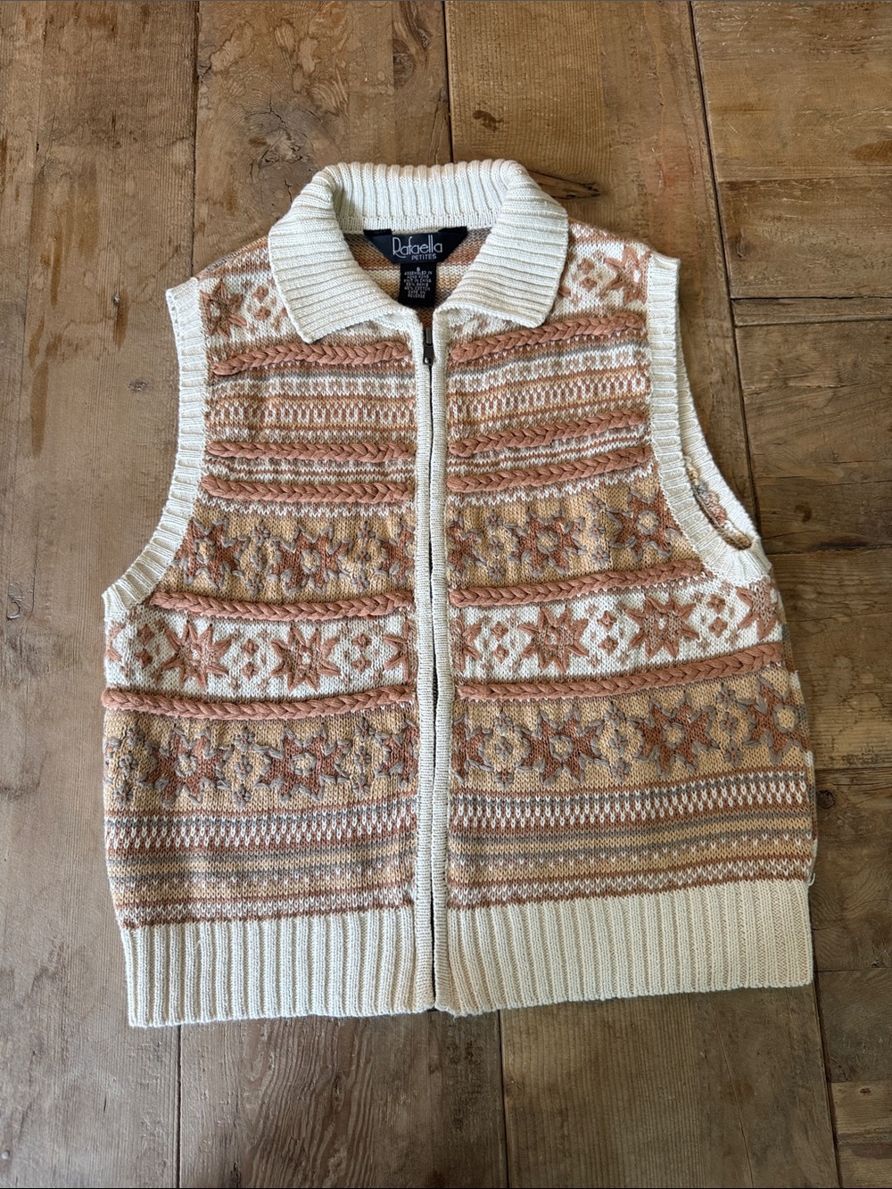 Rafaella Cream & Tan Fair Isle Zip-Up Sweater Vest